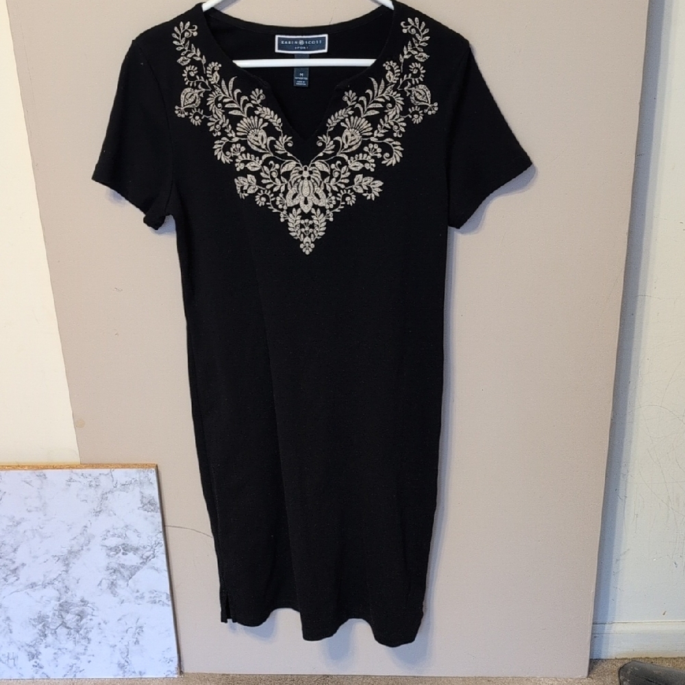 Karen Scott Dress Dark Blue with White Embroidery Women's Medium